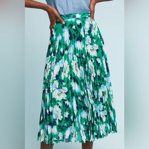 Anthropologie Maeve Green Floral Print Pleated Midi Skirt